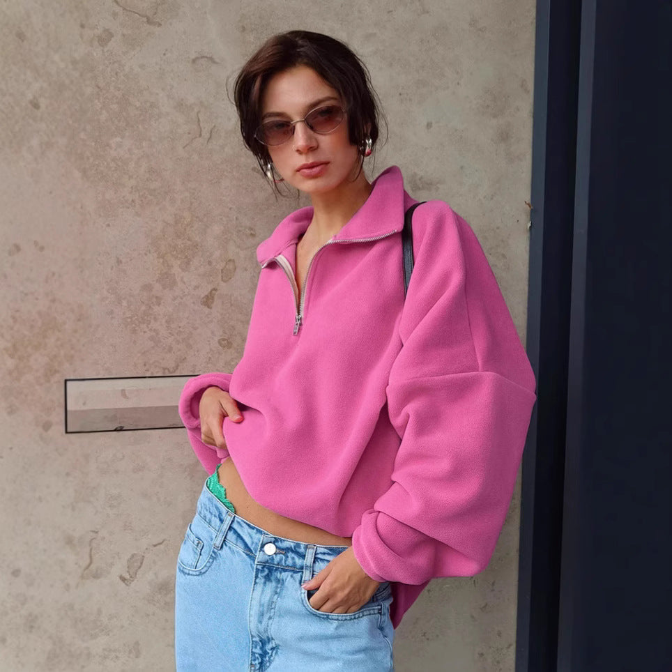 Damen lässiger Fleece-Pullover mit halbem Reißverschluss und oversized Schnitt R&B