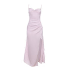 Damen Satin-Maxikleid mit elegantem Stehkragen und seitlichem Schlitz R&B