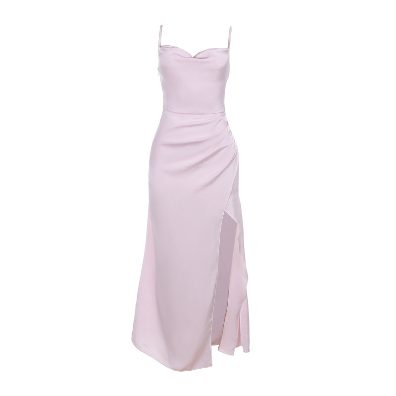 Damen Satin-Maxikleid mit elegantem Stehkragen und seitlichem Schlitz R&B