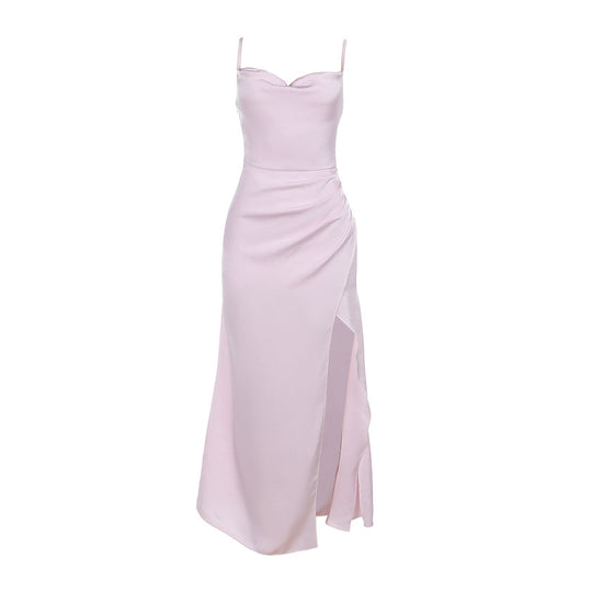 Damen Satin-Maxikleid mit elegantem Stehkragen und seitlichem Schlitz R&B