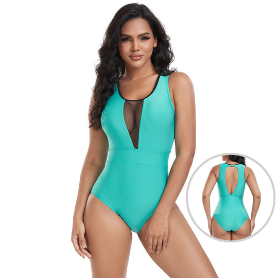 Damen Sportlicher Einteiler Badeanzug mit transparentem Mesh-Einsatz R&B