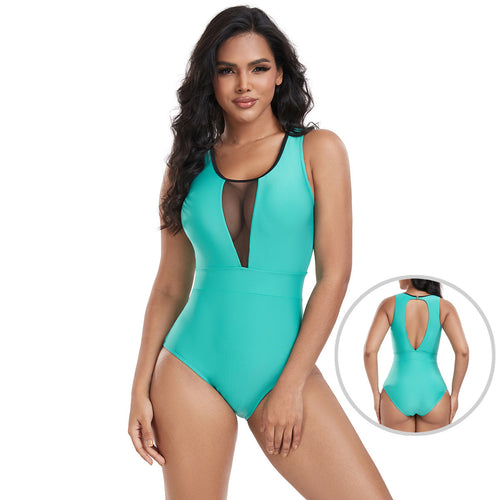 Damen Sportlicher Einteiler Badeanzug mit transparentem Mesh-Einsatz R&B