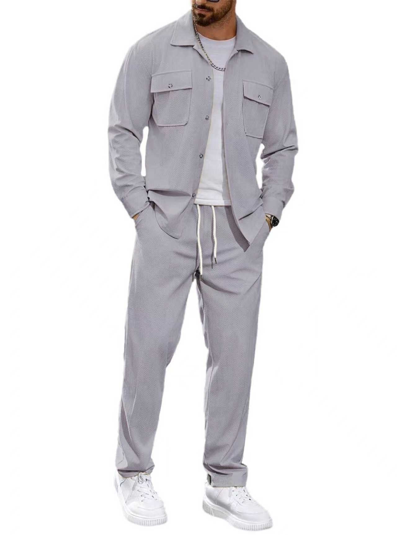 Herren nan lässiger Zweiteiler Hemdjacke mit aufgesetzten Brusttaschen und Kordelzughose R&B