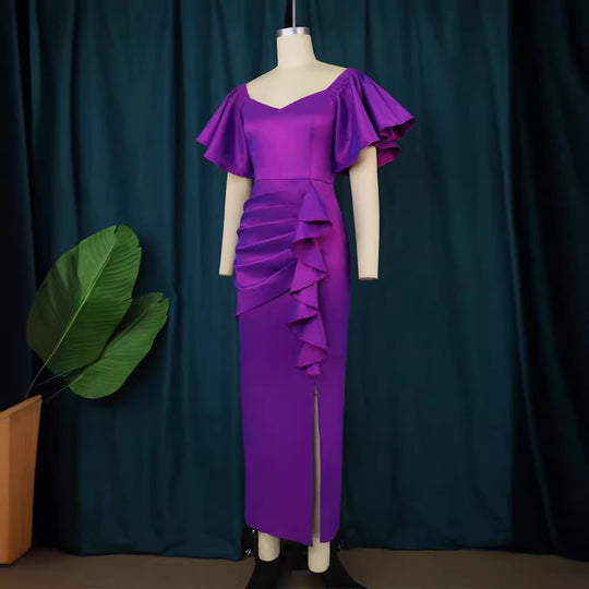 Damen Elegantes Maxikleid mit voluminösen Ärmeln und asymmetrischem Rüschen-Design R&B