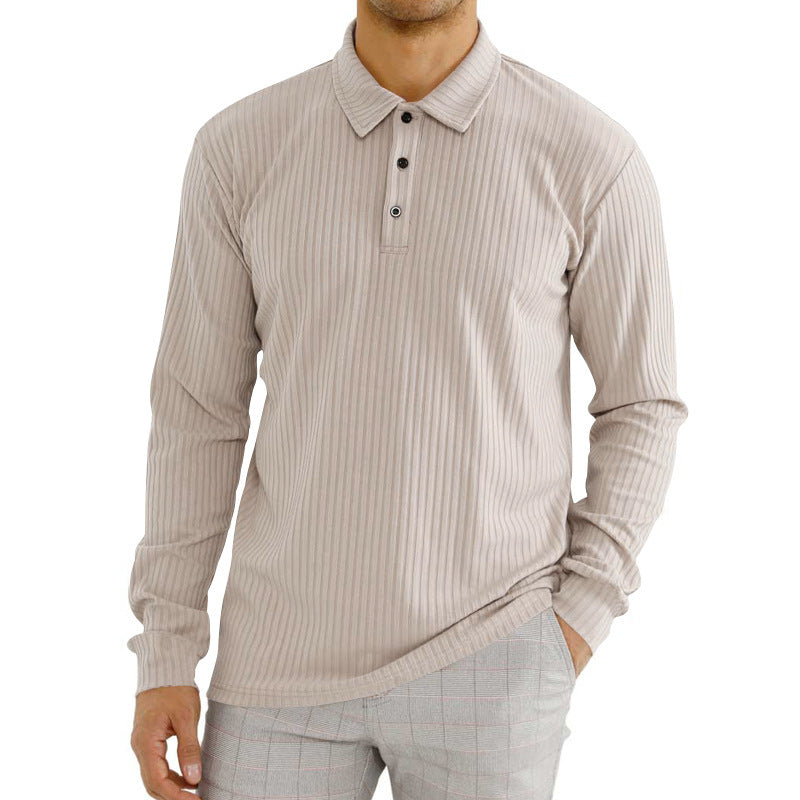Herren nan geripptes Langarm-Poloshirt mit feiner Rippenstruktur, klassischem Kragen und elastischem Saum R&B