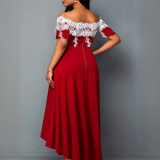 Damen elegantes Spitzen-Halbarm-Kleid mit asymmetrischem Saum R&B