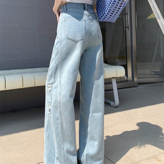 Damen Weite Jeans mit modischen Rissen und hohem Bund R&B
