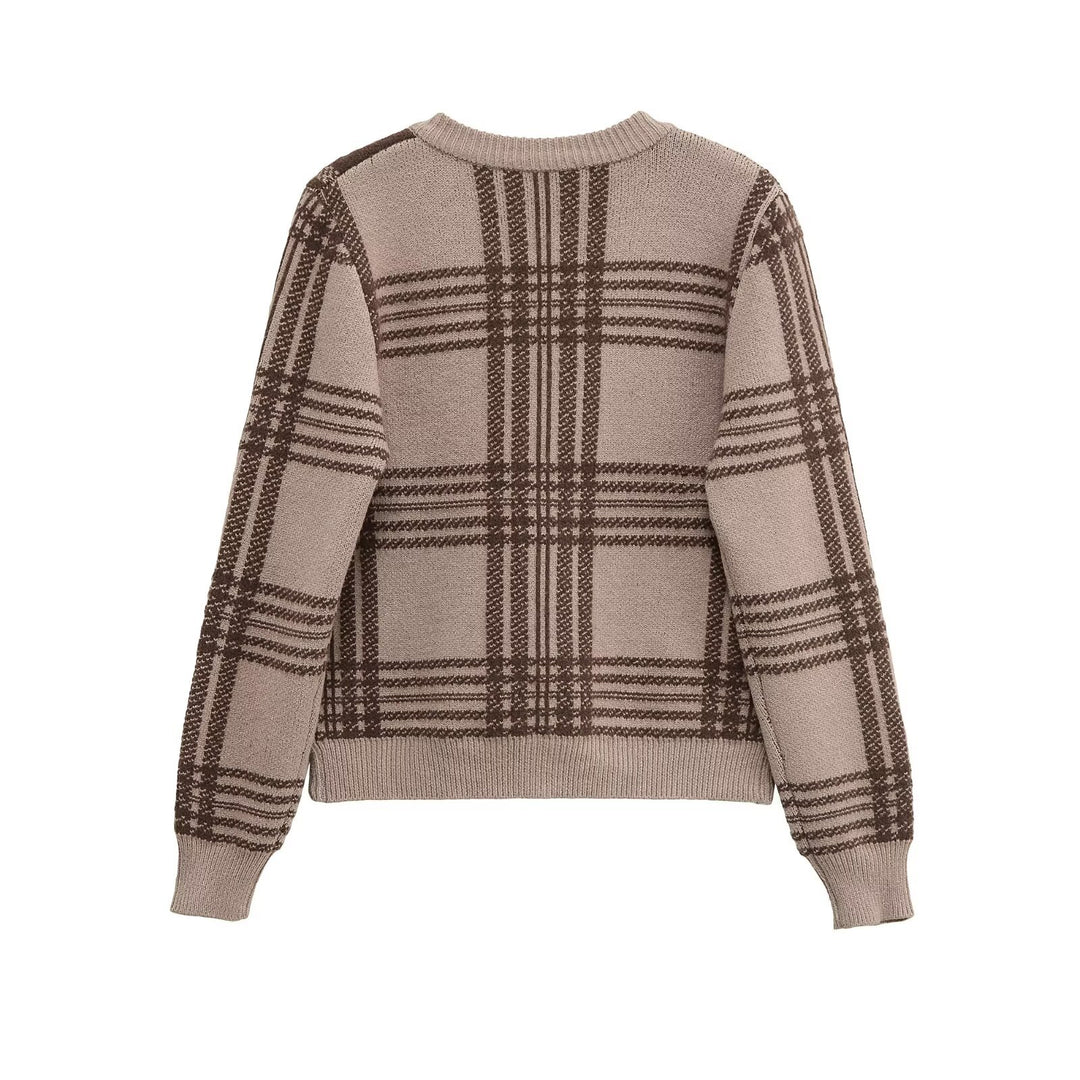Damen Karierte Strickjacke mit Knopfleiste und Rundhalsausschnitt R&B