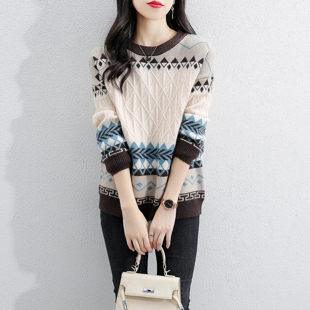 Damen Grob gestrickter Pullover mit geometrischem Muster und Rundhalsausschnitt R&B