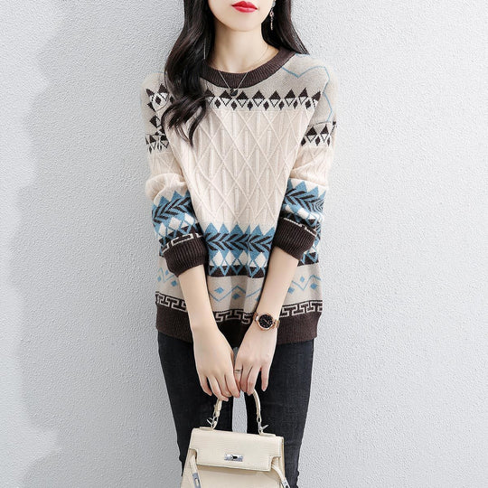 Damen Grob gestrickter Pullover mit geometrischem Muster und Rundhalsausschnitt R&B