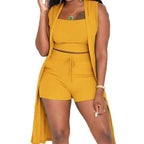 Damen lässiges 3-teiliges Set bestehend aus Crop-Top, Shorts und langem Cardigan R&B