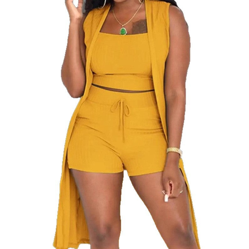 Damen lässiges 3-teiliges Set bestehend aus Crop-Top, Shorts und langem Cardigan R&B