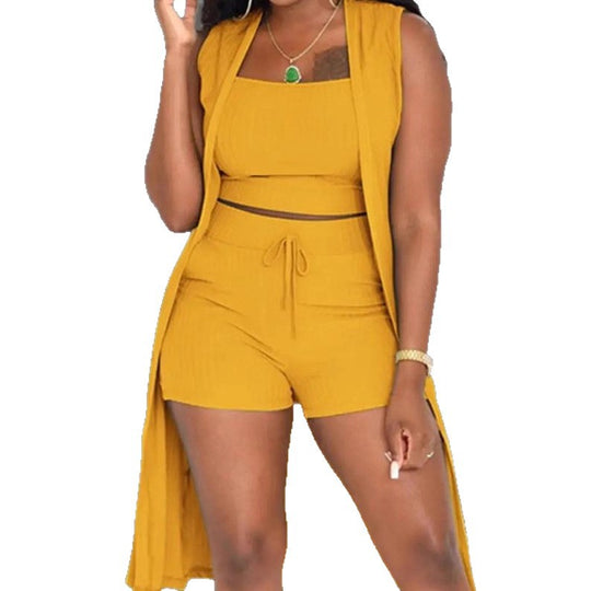 Damen lässiges 3-teiliges Set bestehend aus Crop-Top, Shorts und langem Cardigan R&B