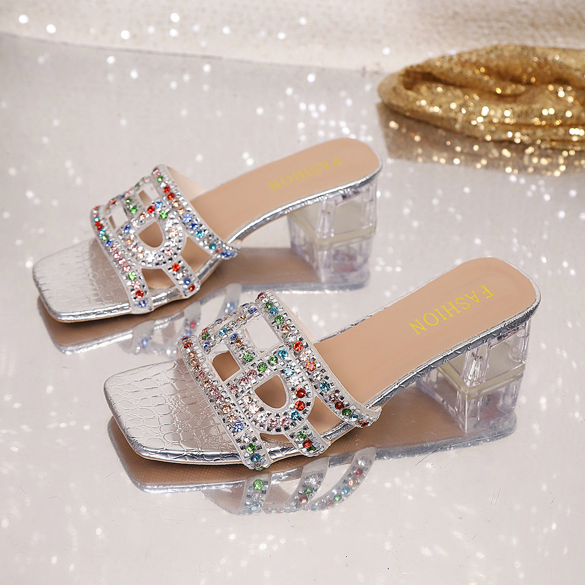 Damen Glitzernde Absatzsandalen mit funkelnden Strassapplikationen R&B