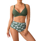 Damen Hochtailliertes Bikini-Set mit verstellbaren Trägern und stilvollem Palmendruck R&B