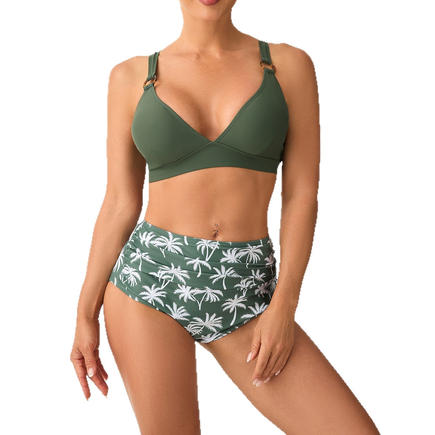 Damen Hochtailliertes Bikini-Set mit verstellbaren Trägern und stilvollem Palmendruck R&B