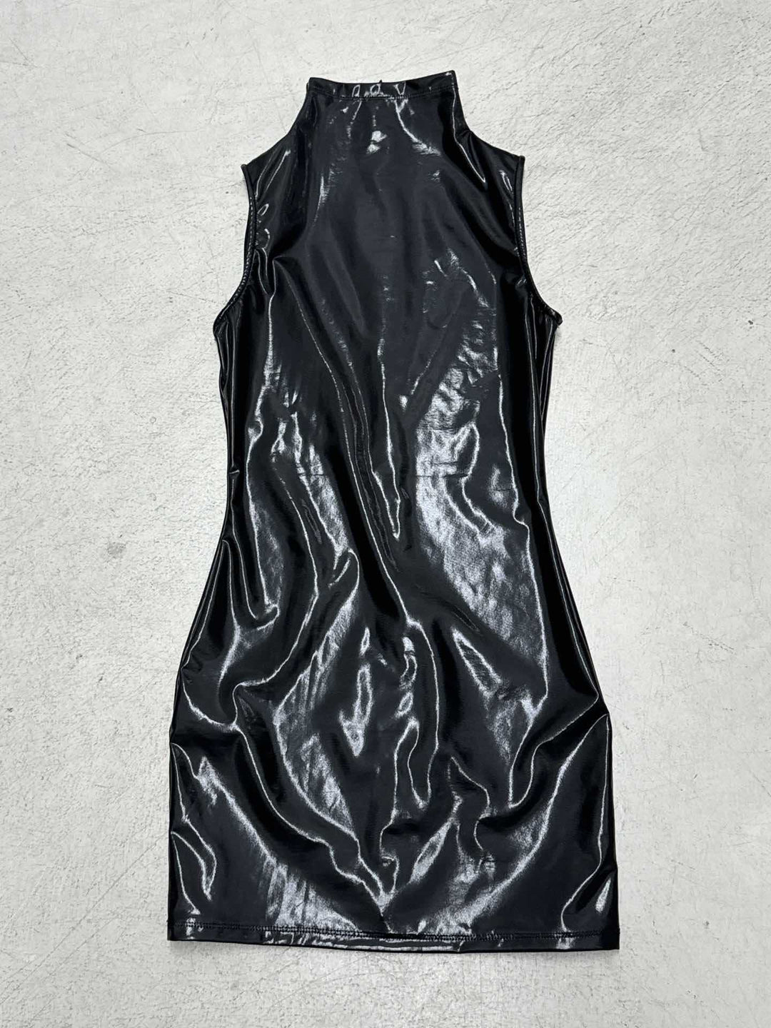 Damen elegantes Kunstleder Mini-Kleid mit hochgeschlossenem Kragen und voluminösen Ärmeln R&B