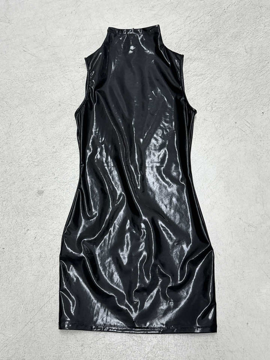 Damen elegantes Kunstleder Mini-Kleid mit hochgeschlossenem Kragen und voluminösen Ärmeln R&B