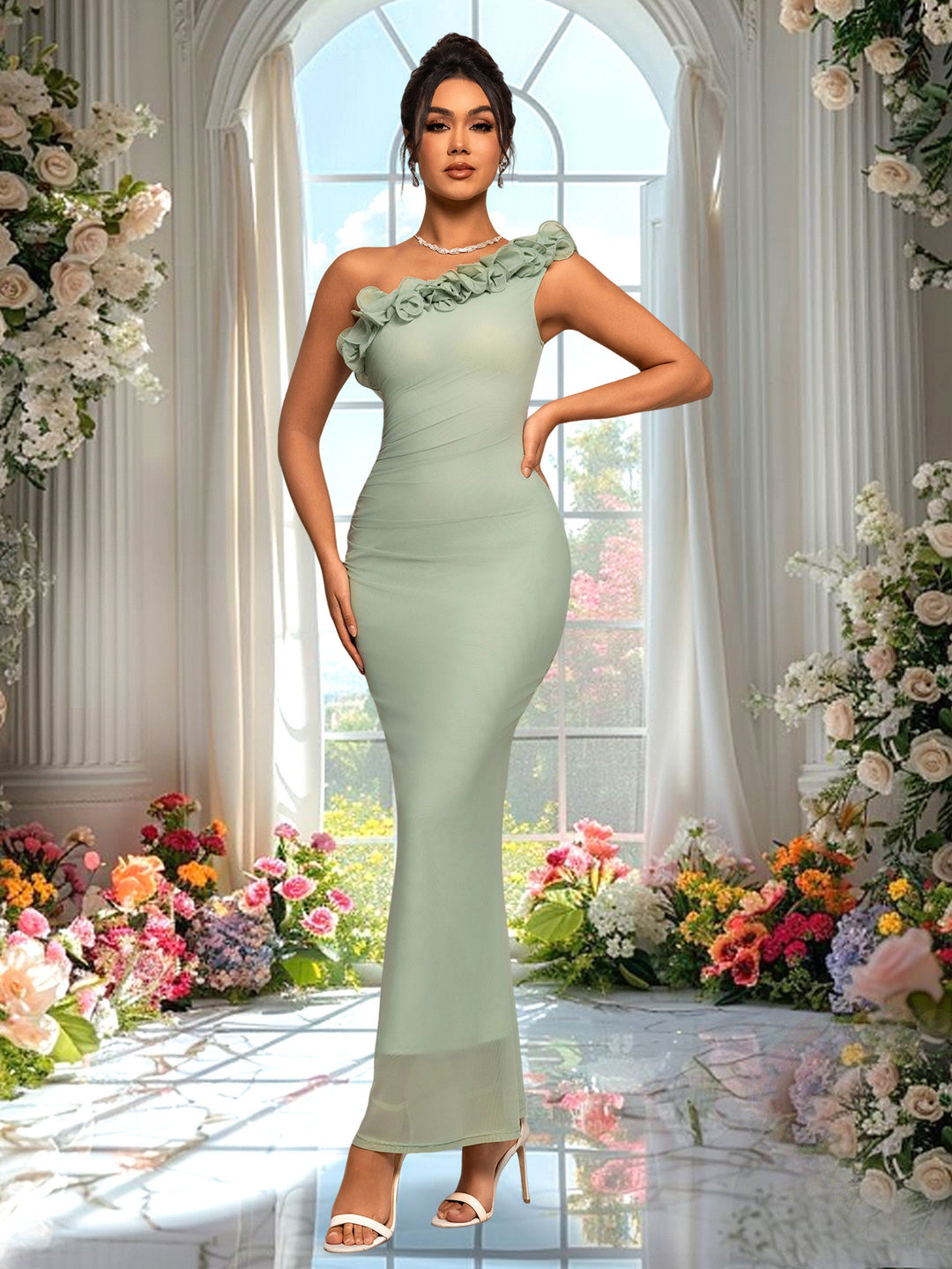 Damen Elegantes Tailliertes Abendkleid mit Rüschen R&B