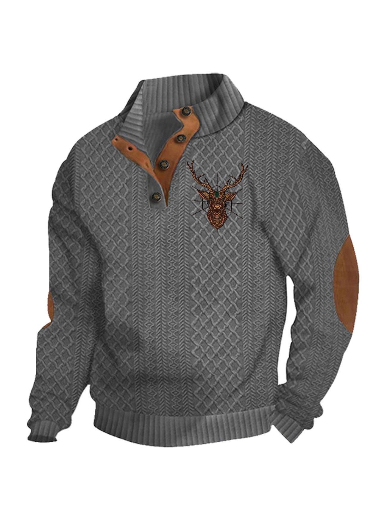 Herren nan Heritage-Strukturpullover mit Stehkragen Lederimitat-Besatz Ellenbogen-Patches und Halbknopfleiste R&B
