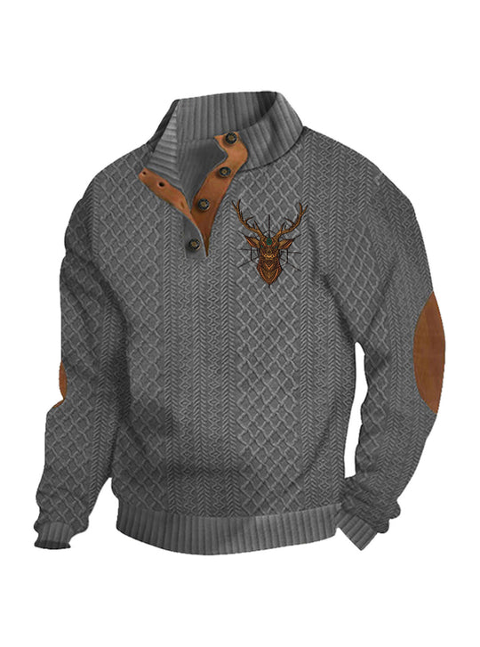 Herren nan Heritage-Strukturpullover mit Stehkragen Lederimitat-Besatz Ellenbogen-Patches und Halbknopfleiste R&B