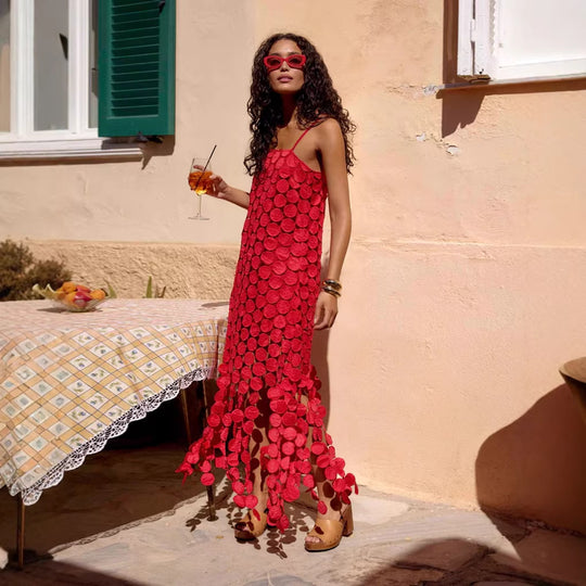 Damen Maxikleid mit dekorativen Häkelapplikationen und seitlichen Schlitzen R&B