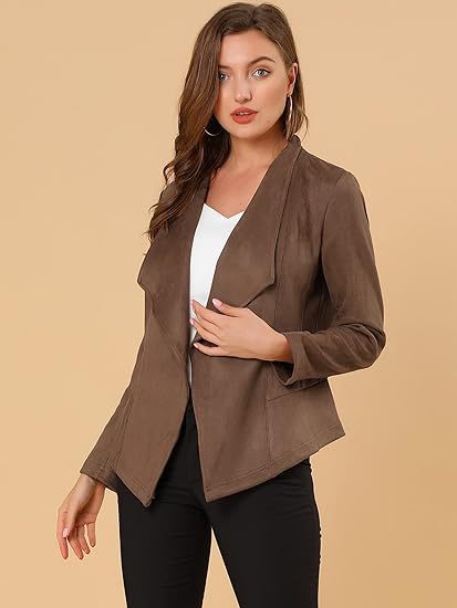 Damen modische Synthetiklederjacke mit offenem Schnitt und Taschen R&B