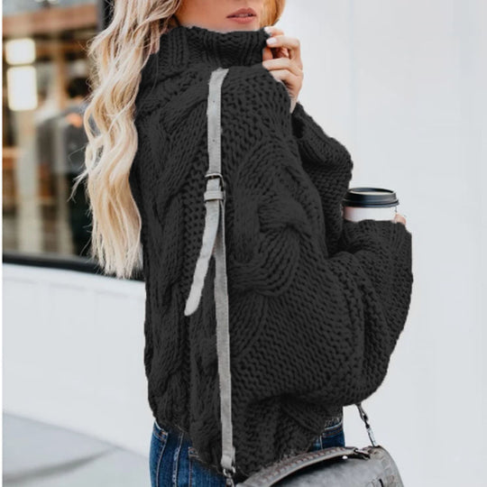 Damen Grobstrickpullover mit hohem Kragen und Zopfmuster R&B