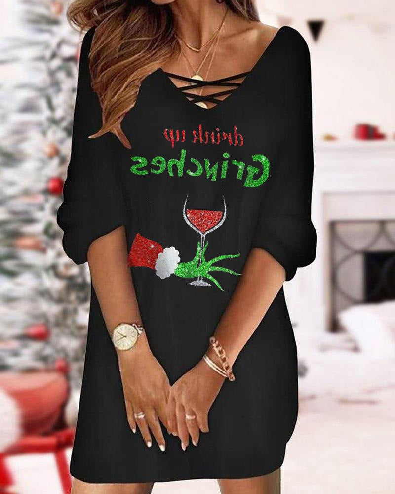 Damen lässiges Weihnachtskleid mit einzigartigem Druckdesign und weitem Schnitt