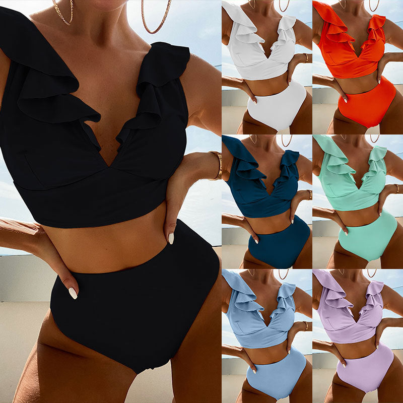Damen Bikini mit elegantem Rüschendesign und hoch geschnittenem Höschen R&B