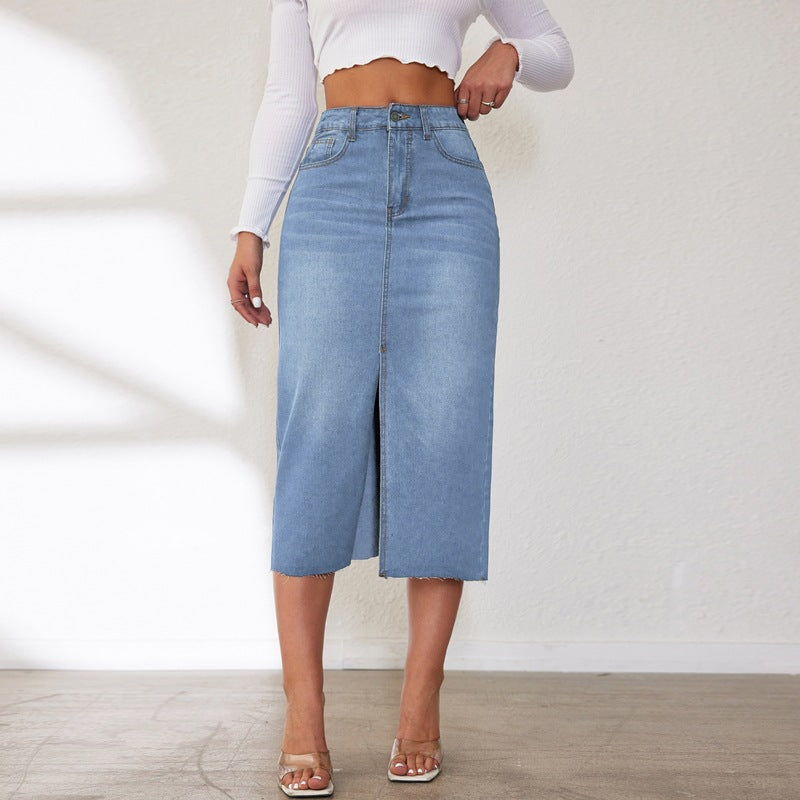 Damen Midi-Denimrock mit Schlitz und lässigem A-Linien-Schnitt R&B