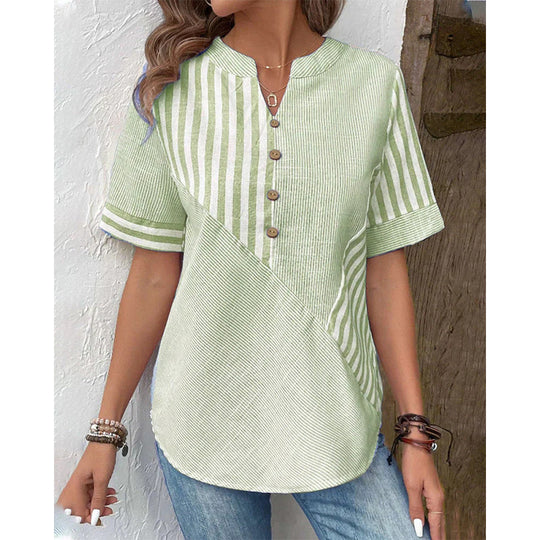 Damen Kurzarm Blusenshirt im gestreiften Design mit Knopfdetails R&B