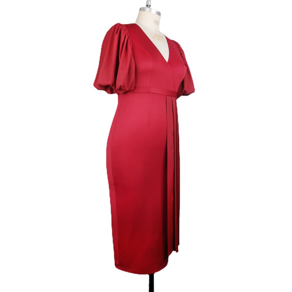 Damen elegantes Faltenkleid mit V-Ausschnitt und voluminösen Ärmeln R&B