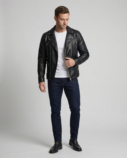 Herren Kunstleder Bikerjacke mit Ziersteppung