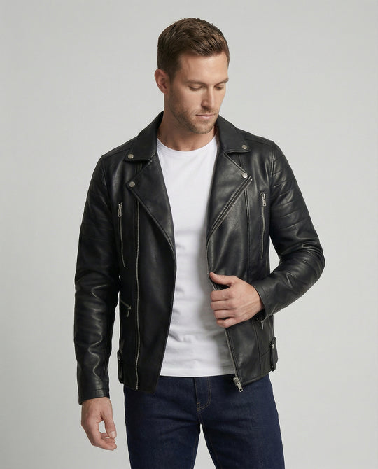Herren Kunstleder Bikerjacke mit Ziersteppung