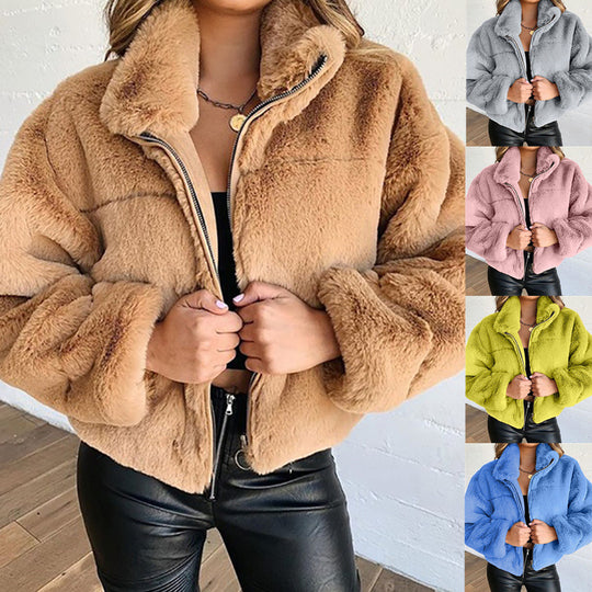 Damen Flauschige Trendjacke mit hohem Kragen R&B