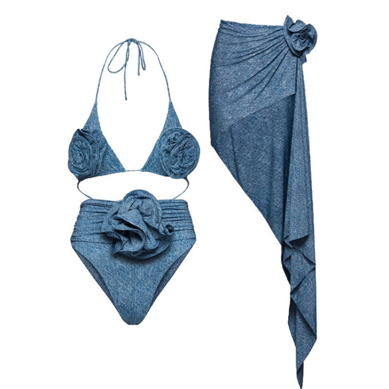 Damen Triangel-Bikini-Set mit floralem Design und elegantem Wickelrock R&B