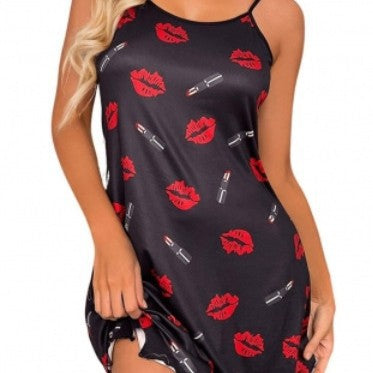 Damen Nachtkleid mit Lippen- und Lippenstift-Muster R&B