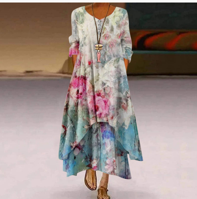 Damen Fließendes Maxikleid mit kunstvollem Blumendruck und asymmetrischem Saum R&B