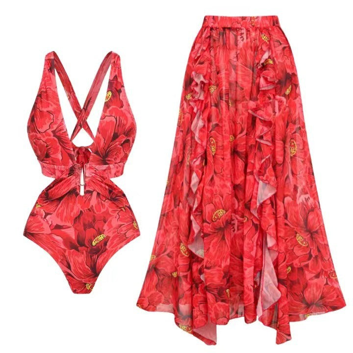 Damen Badeanzug mit floralen Akzenten und passendem Wickelrock R&B