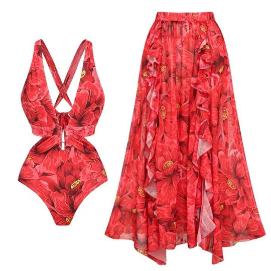 Damen Badeanzug mit floralen Akzenten und passendem Wickelrock R&B