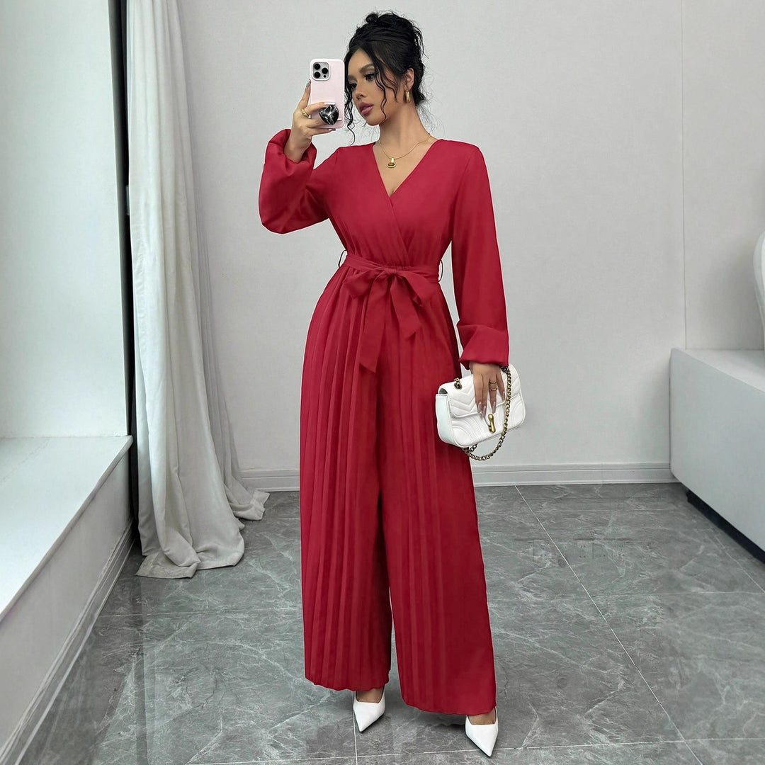 Damen Eleganter Jumpsuit mit taillierbarem Gürtel und plissiertem Schnitt R&B