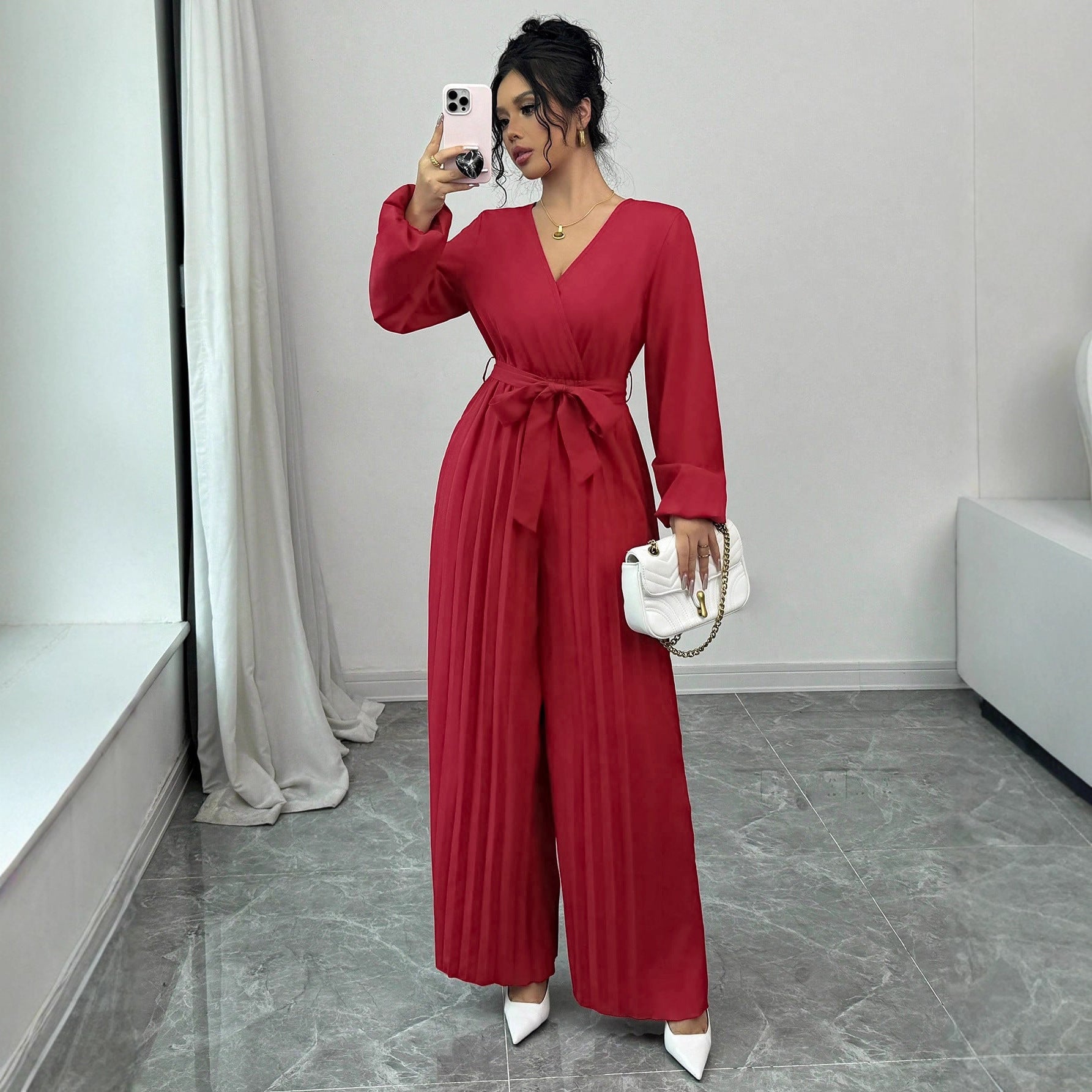 Damen Eleganter Jumpsuit mit taillierbarem Gürtel und plissiertem Schnitt R&B