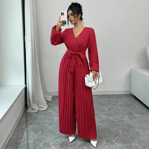 Damen Eleganter Jumpsuit mit taillierbarem Gürtel und plissiertem Schnitt R&B