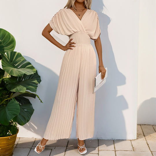Damen Eleganter Jumpsuit mit hohem V-Ausschnitt und schwingenden Beinen R&B