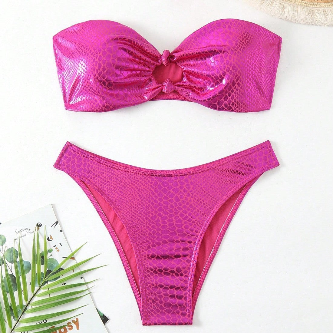 Damen Bandeau-Bikini mit hochglänzendem Schlangenmuster R&B