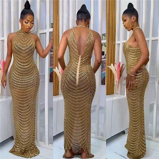 Damen Glamouröses Pailletten-Maxikleid mit figurbetontem Schnitt und schickem Rückenausschnitt R&B