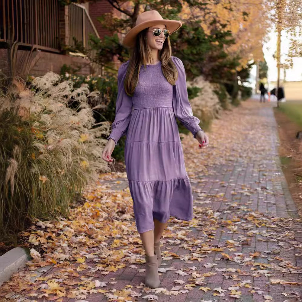 Damen Maxikleid mit schickem Smock-Oberteil und voluminösen Puffärmeln R&B
