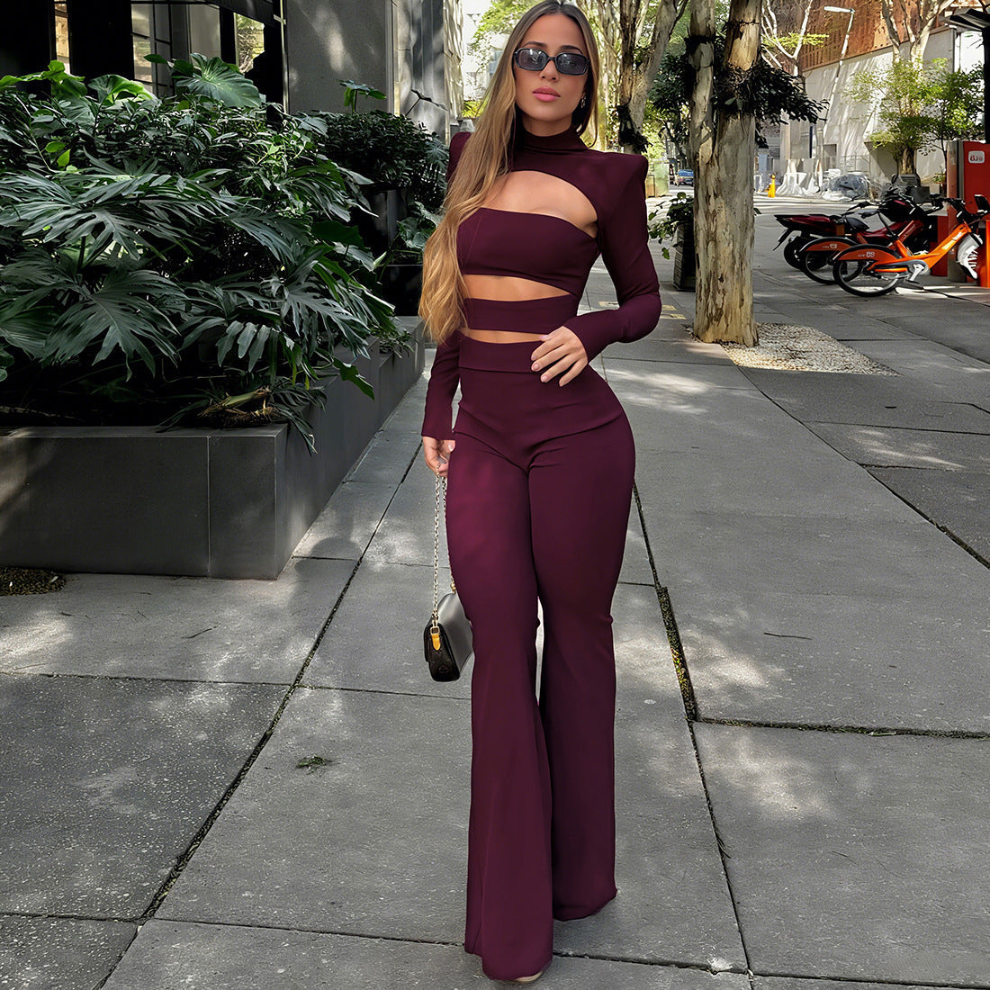 Damen Crop-Top und Flared-Hosen Set