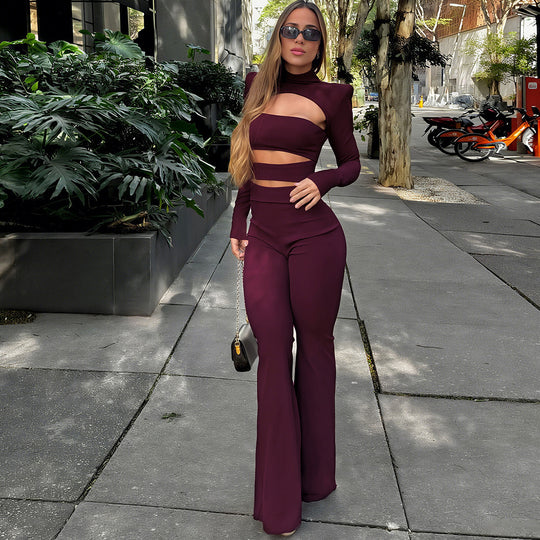 Damen Crop-Top und Flared-Hosen Set R&B